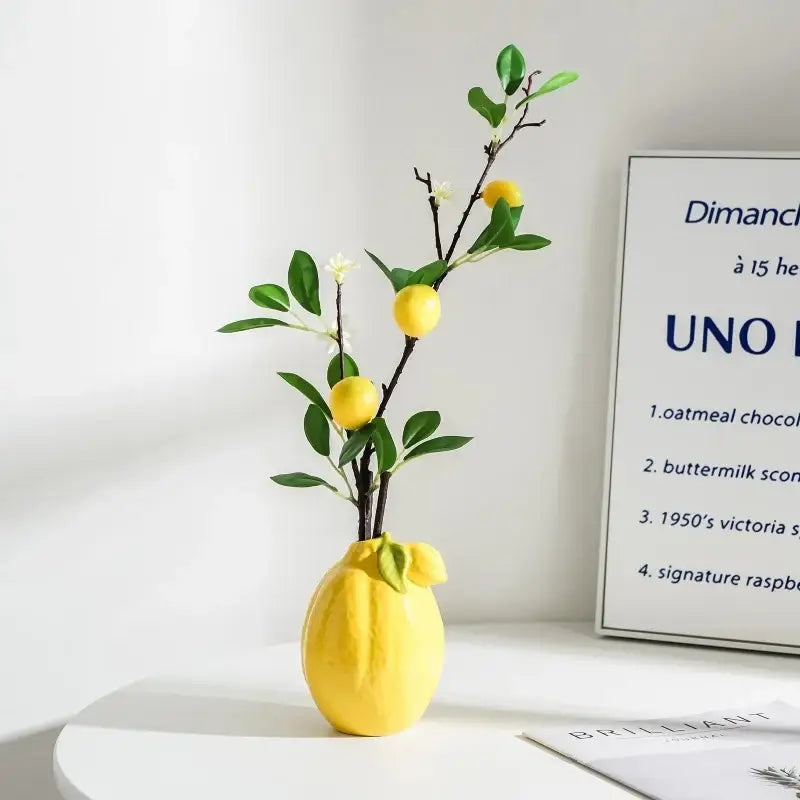 Glossy yellow ceramic lemon flower vase with green leaves and small lemons for kitchen citrus decorbites lemon decor