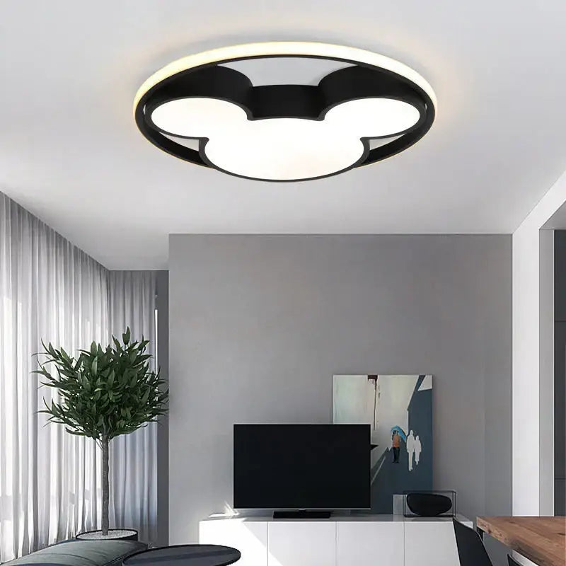 Black and white circular ceiling light with 34w led mickey mouse head design for children’s bedroom lighting