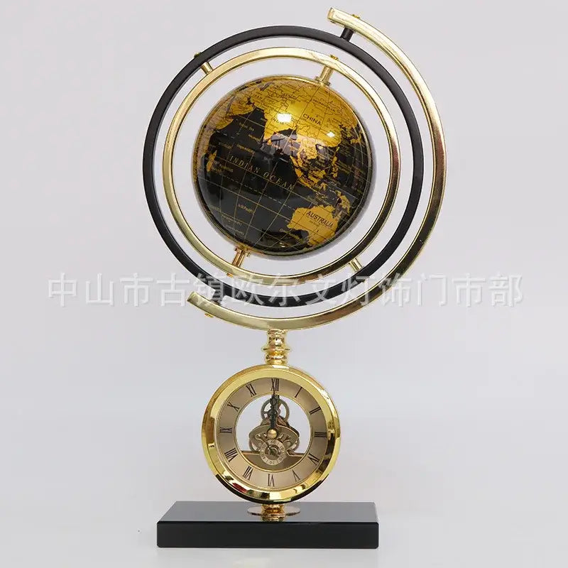 Gold and blue clock globe decoration with a gold globe clock, black base, and roman numeral dial for living room decorbites clock globe