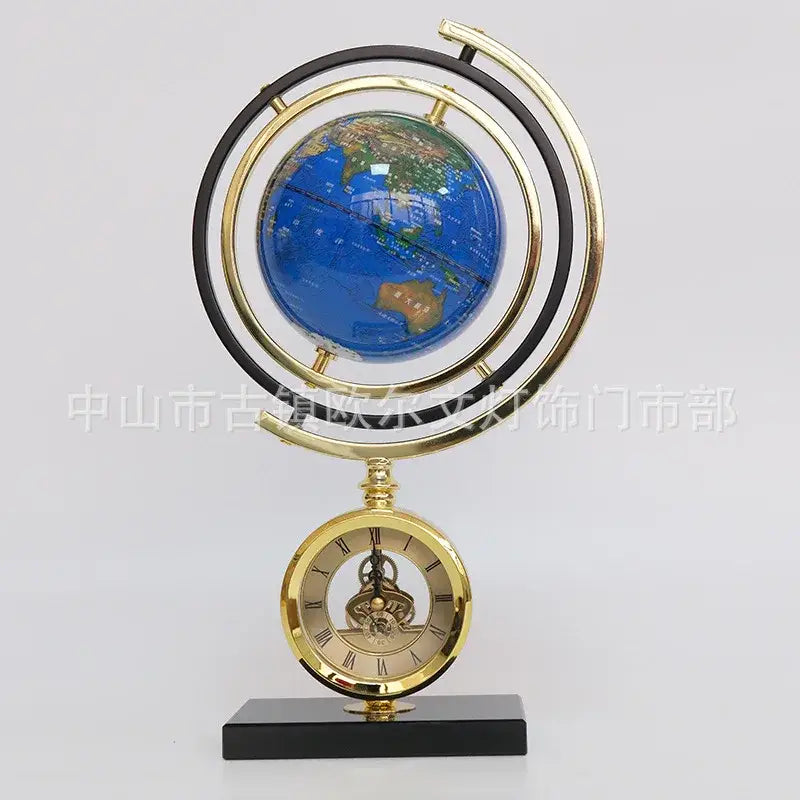 Gold and blue clock globe decoration featuring a brass encased globe on a black marble base for living room decorbites clock globe