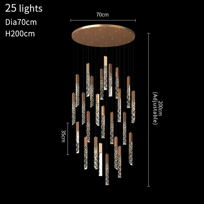 Gold and crystal led chandelier with 25 lights bronze mount and silver patterned glass rods decorbites crystal led design