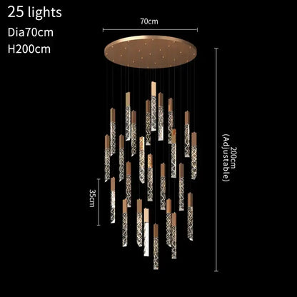 Gold and crystal led chandelier with 25 lights bronze mount and silver patterned glass rods decorbites crystal led design