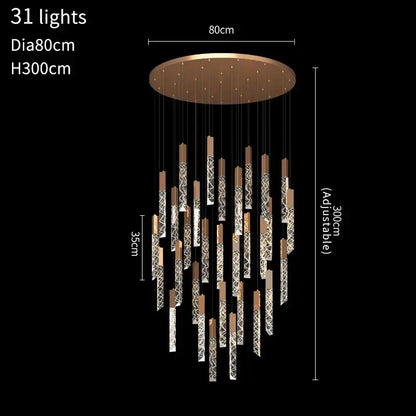 Modern gold and crystal led chandelier with bronze finish and 31 hanging crystal-encrusted rods by DecorBites crystal led