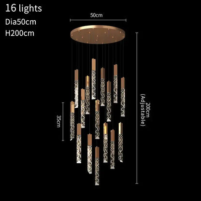 Gold and crystal led chandelier with copper-toned cylindrical led lights featuring geometric patterns by decorbites crystal led