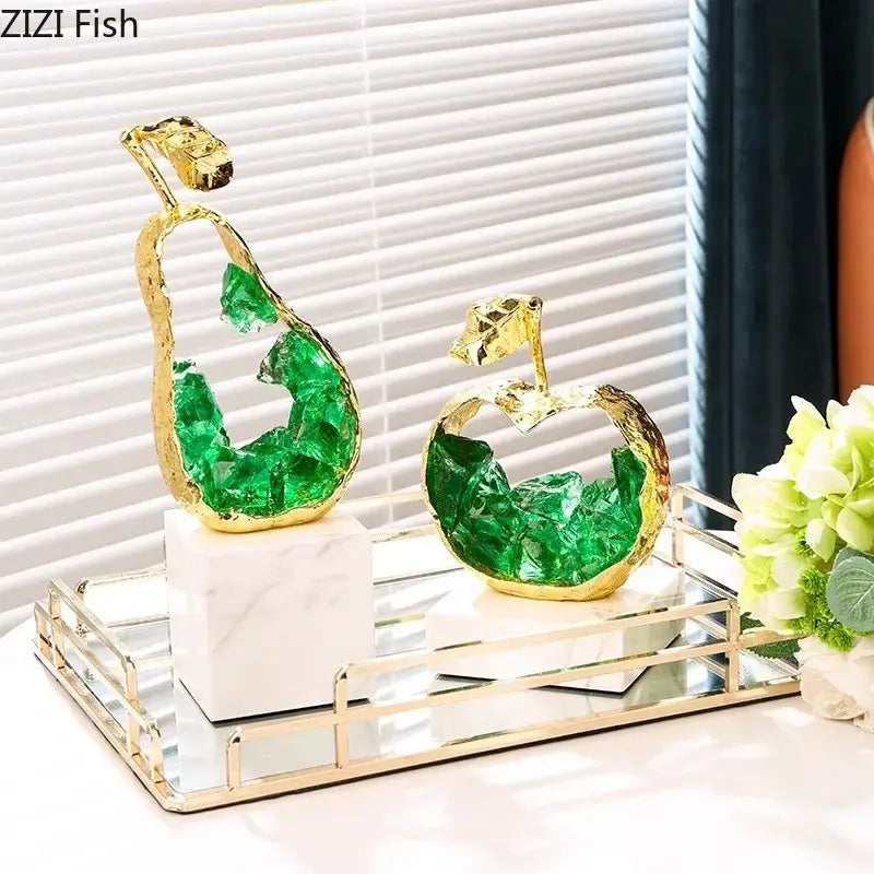 Gold and green crystal apple pear alloy ornaments with vibrant interiors by zizi fish for living room decor