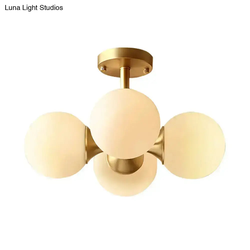 Brass-finished semi-flush mount ceiling light with four opaline glass frosted globe shades for kitchen 220v-240v 110v-120v