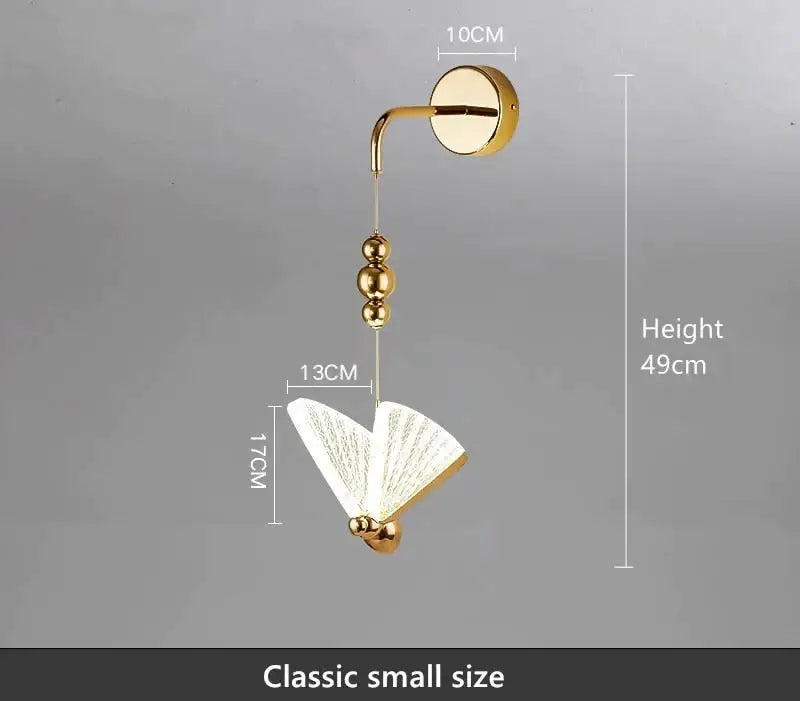 Gold wall light with fan-shaped translucent shade and decorative beads for nordic butterfly led bedroom lighting