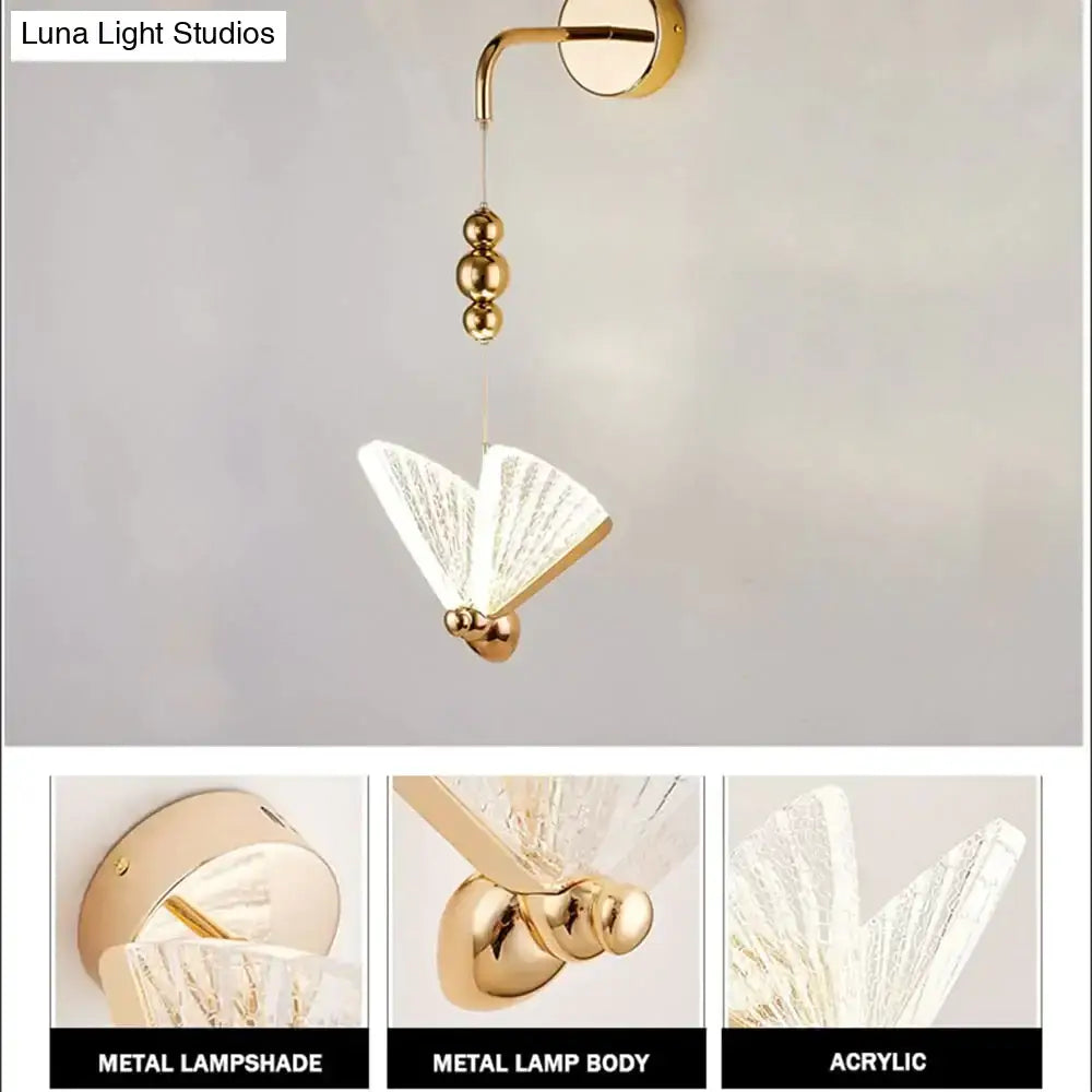 Gold and patterned butterfly led wall light with gold-finished metal and acrylic fan-shaped pendant in sleek design