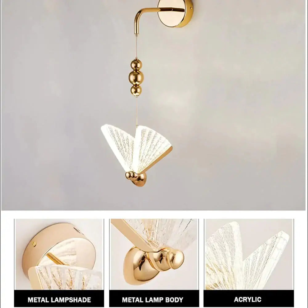 Gold-finished metal and acrylic nordic butterfly led wall light with fan-shaped design for modern bedroom decor