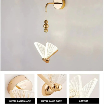 Gold-finished metal and acrylic nordic butterfly led wall light with fan-shaped design for modern bedroom decor