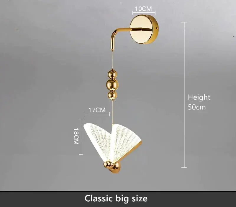 Gold-finished wall light with fan-shaped white glass shade and decorative beads nordic butterfly led for bedroom