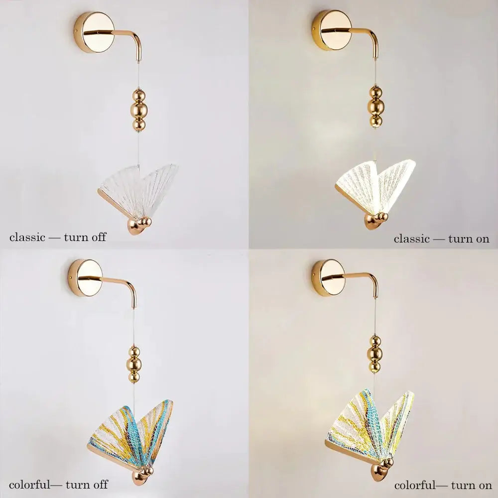 Gold and patterned butterfly led wall light with gold finish and fan-shaped glass shade glowing warmly in bedroom