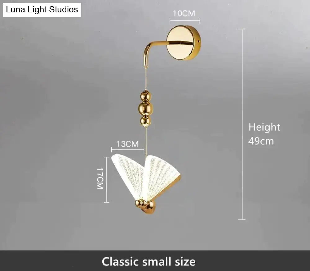 Gold-finished wall light with fan-shaped translucent shade and decorative beads nordic butterfly led for bedroom