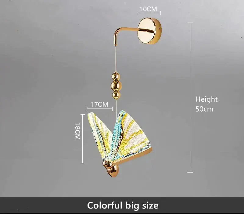 Gold and patterned butterfly led wall light with vibrant gold accents and iridescent yellow and blue wings for bedroom use