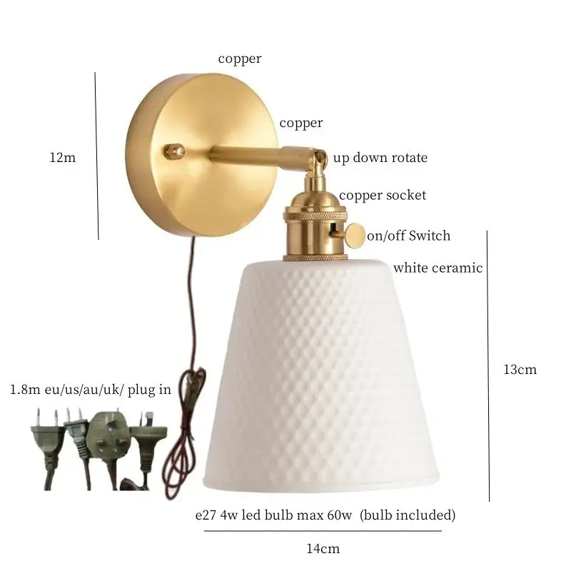 Gold and white ceramic led wall sconce with a textured diamond pattern shade and pull chain for bedroom decorbites ceramic led