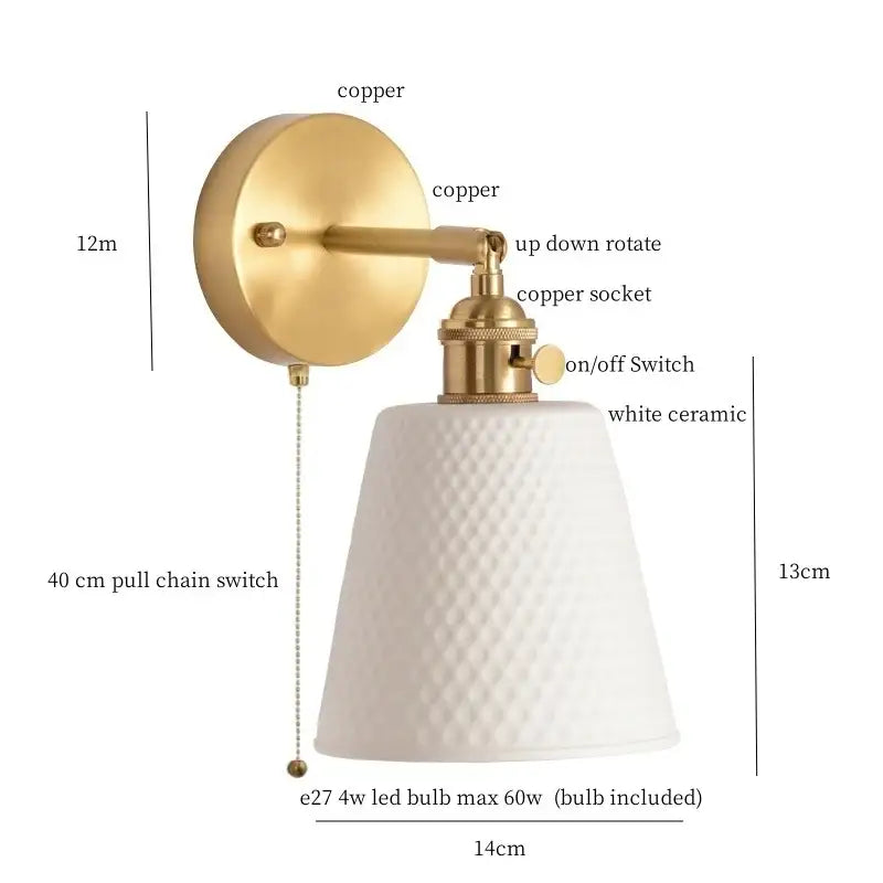 White ceramic led wall sconce with textured diamond pattern and brass copper decorbites ceramic led pull chain fixture