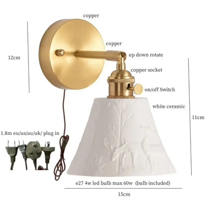 White ceramic led wall sconce with deer relief mounted on adjustable copper arm for bedroom decorbites ceramic led wall