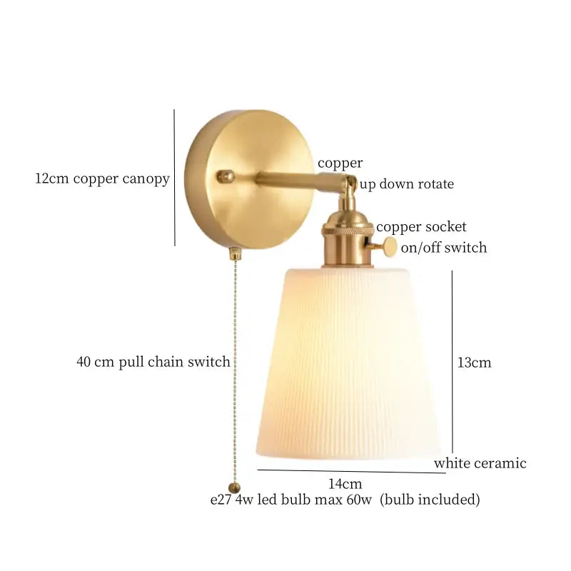 Gold and white ceramic led wall sconce with polished copper canopy and pull chain ideal for bedroom decorbites ceramic led wall