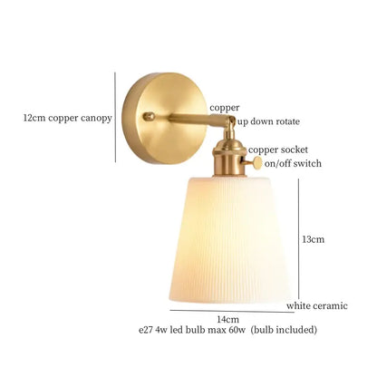 Gold and white ceramic led wall sconce with brass-finished copper base and vertical ridged shade for bedroom decorbites ceramic led