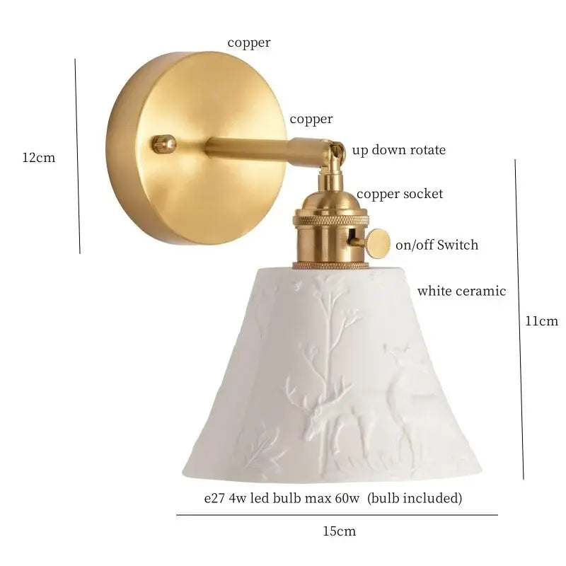 Gold and white ceramic led wall sconce with pull chain featuring a white ceramic lampshade with deer relief decorbites ceramic led
