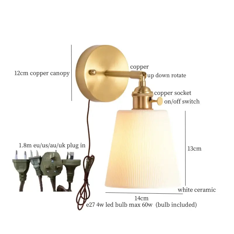 Vintage-style copper wall sconce with white ceramic lampshade decorbites ceramic led wall sconce for bedroom decor