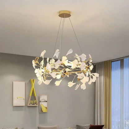 Elegant gold and white decorbites ginkgo ceramic chandelier with leaf-shaped shades for dining room lighting