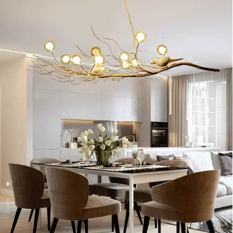 Gold and white iron branch led pendant chandelier with spherical lights and bird figurine for dining room lighting
