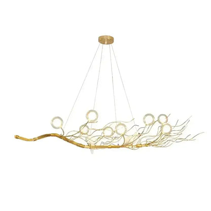 Gold and white iron branch led pendant chandelier featuring delicate wire branches and circular glass orbs for dining room