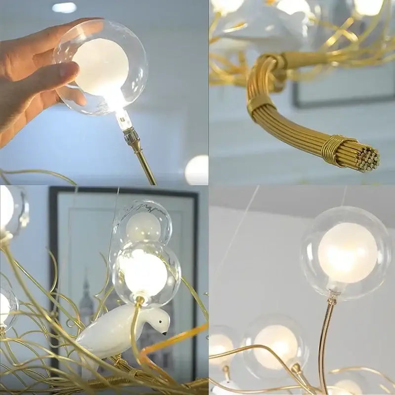 Gold and white iron branch led pendant chandelier with gold-toned fixture clear glass bulbs and white ceramic swan ornament