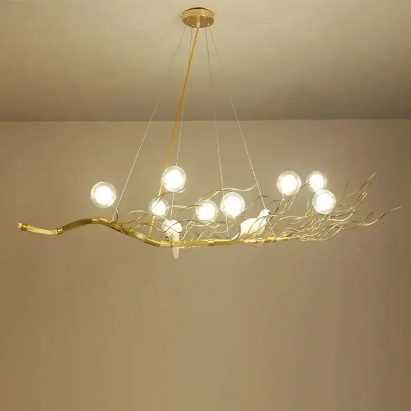 Gold and white iron branch led pendant chandelier with spherical glass bulbs and bird figurines for dining room lighting