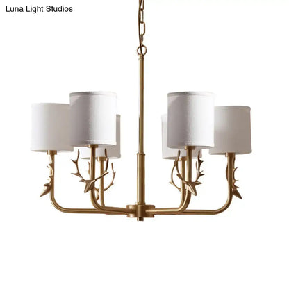 Gold-toned antler deco chandelier with white fabric shade designed for living room led incandescent fluorescent lighting