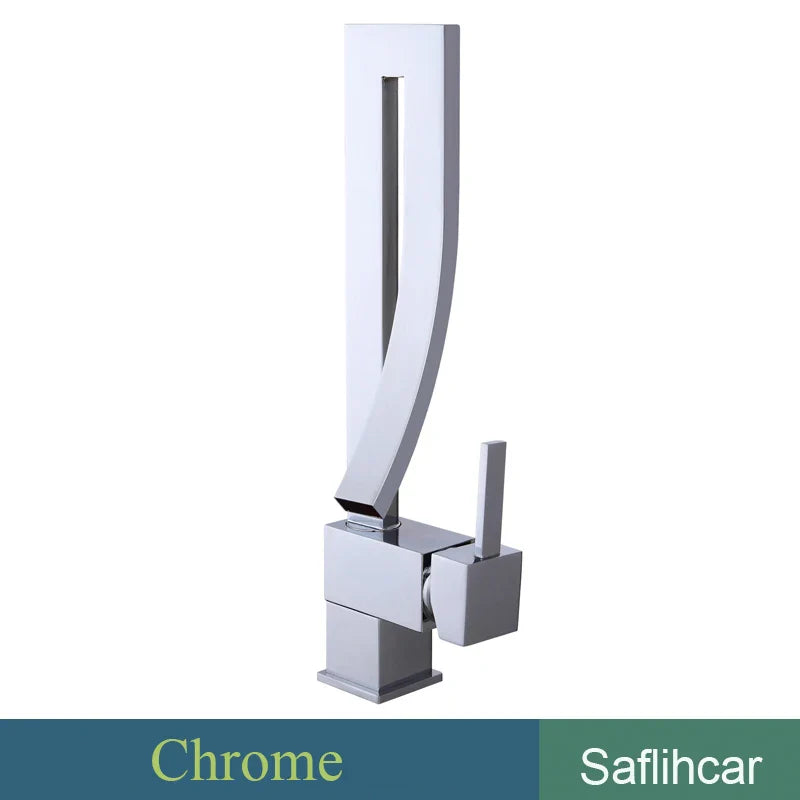 Chrome finished gold bathroom basin faucet with sleek curved spout deck mounted single hole hot and cold mixer tap