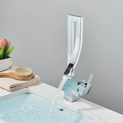 Modern chrome-finished single hole deck mounted gold bathroom basin faucet with waterfall design and integrated handle