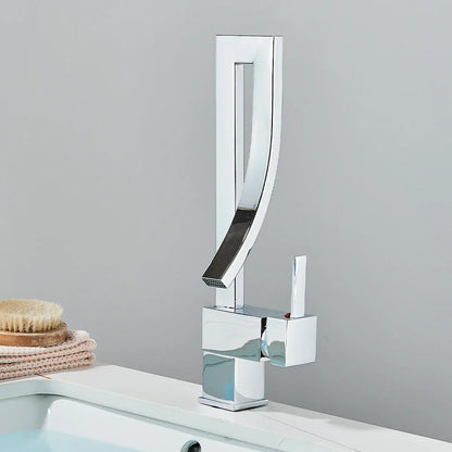 Modern chrome finished gold bathroom basin faucet with sleek curved spout and square base single hole deck mounted mixer tap