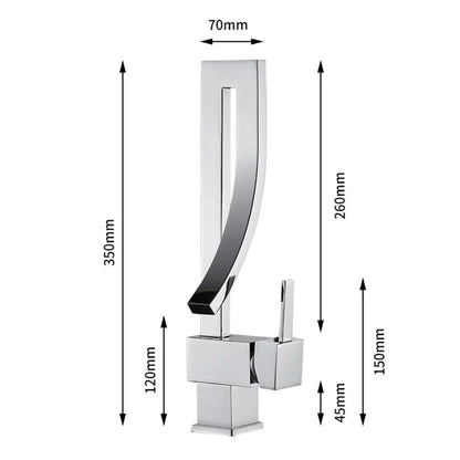 Modern chrome-finished gold bathroom basin faucet with single hole deck mounted waterfall spout and angular base
