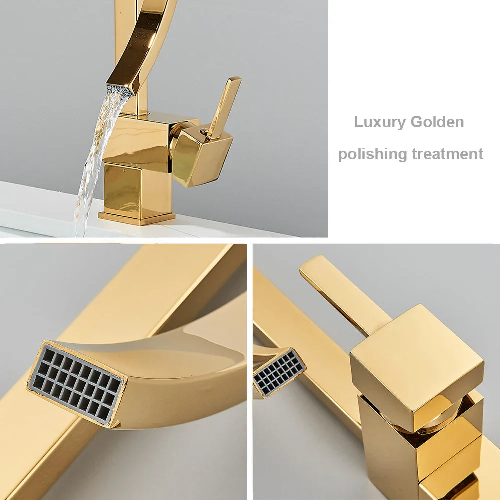 Gold bathroom basin faucet single hole deck mounted with polished golden finish and square spout for hot and cold mixing
