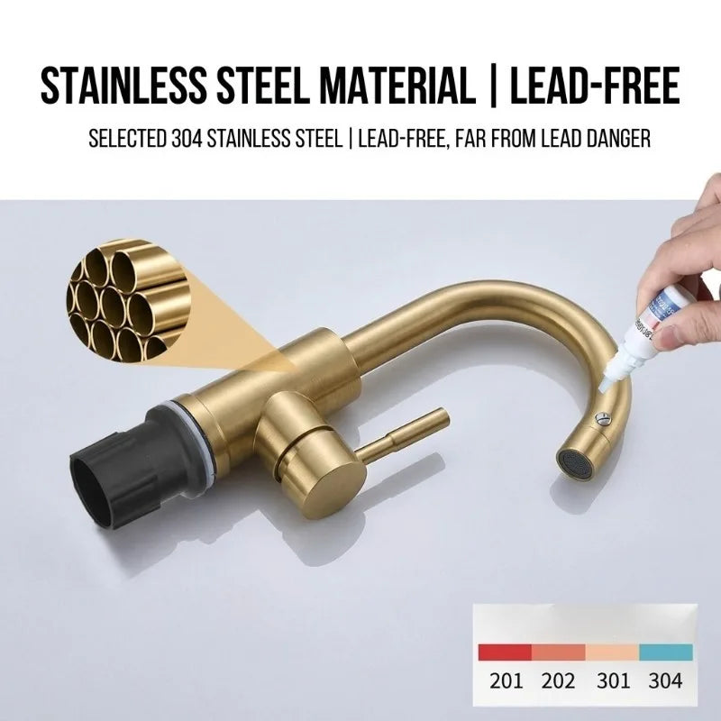 Gold bathroom faucet modern stainless steel brass-finished single-handle kitchen faucet made of 304 stainless steel