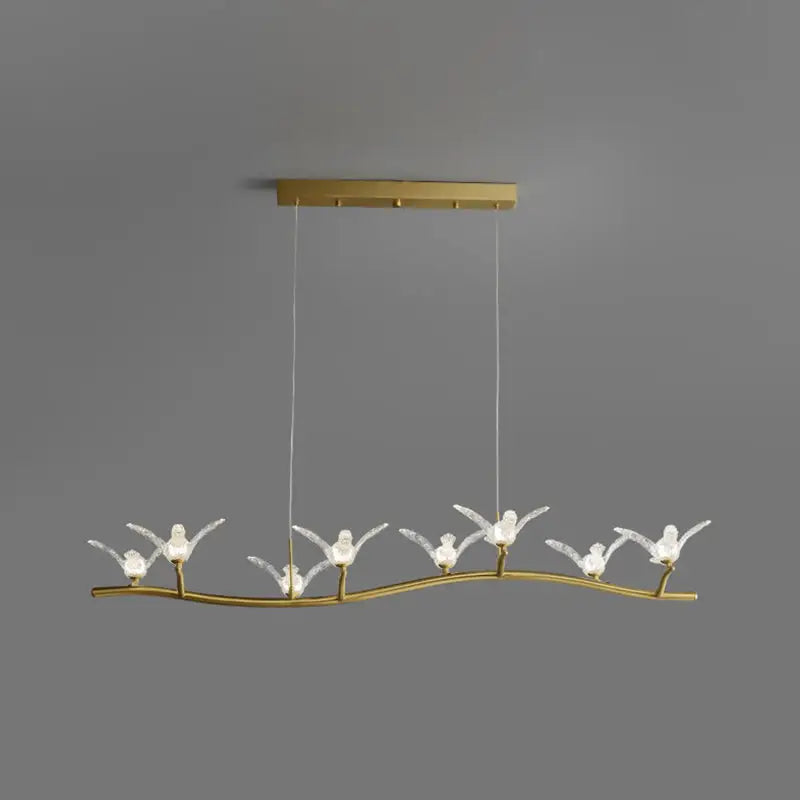Gold bird branch led pendant lamp with gold-toned five translucent bird fixtures and adjustable chain cord length