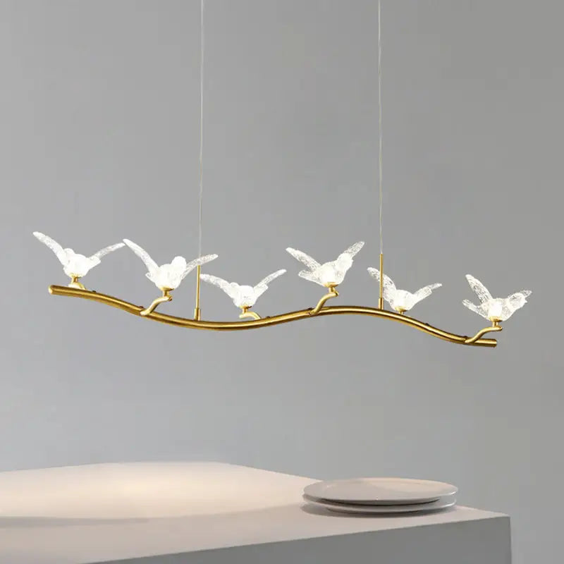 Gold bird branch led pendant lamp with gold-toned branch design and five crystal birds featuring chain cord length and max bulb wattage