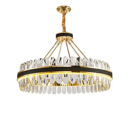 Gold and black decorbites crystal oval chandelier with crystal droplets and black accent band for dining room decor