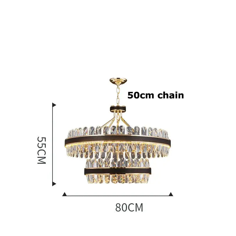 Gold and black decorbites crystal oval chandelier with two tiers of clear crystal droplets and dark bronze accents suspended by 50cm chain