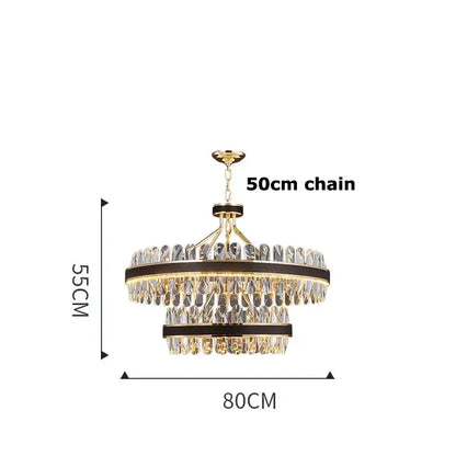 Gold and black decorbites crystal oval chandelier with two tiers of clear crystal droplets and dark bronze accents suspended by 50cm chain