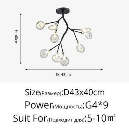 Gold branch shape firefly ceiling chandelier with black branch style and nine clear glass g4 bulbs for dining room lighting