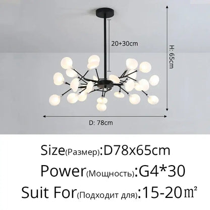 Black metal chandelier with frosted glass globes in decorbites branch shape firefly design for dining room lighting