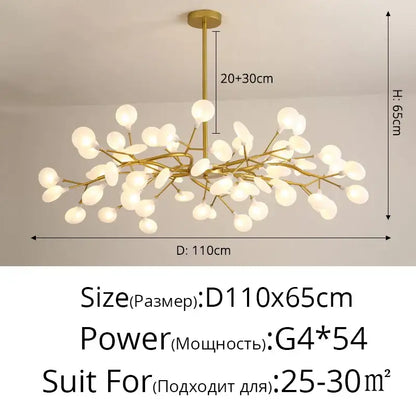Gold-toned modern decorbites branch shape firefly ceiling chandelier with frosted glass globe bulbs for dining room lighting