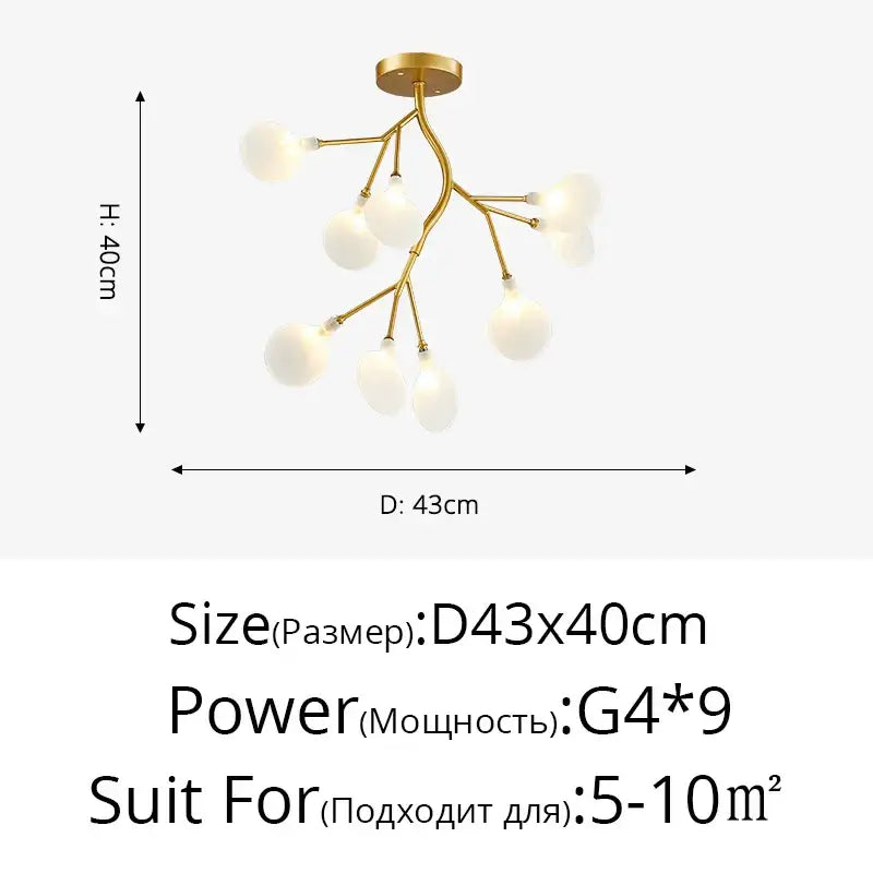 Gold branch shape firefly ceiling chandelier with nine frosted glass globes for dining room lighting decorbites branch shape