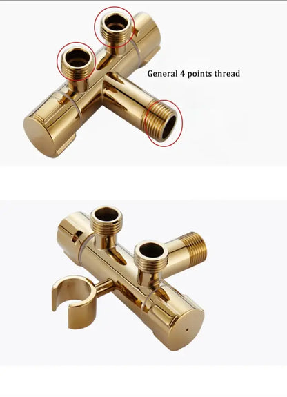 Gold brass handheld bidet faucet with four threaded connections and built-in shower arm holder by decorbites bidet faucet
