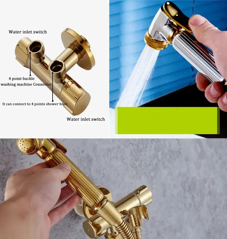 Gold brass handheld bidet faucet bathroom sprayer set with 4-point hose connector and detachable spray nozzle by decorbites bidet faucet