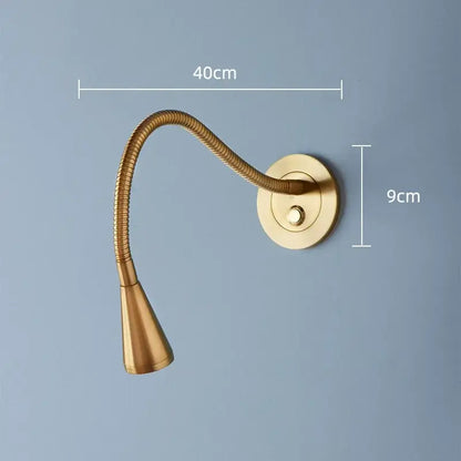 Gold brass led gooseneck wall sconce with adjustable ribbed aluminum led gooseneck and conical light head for reading