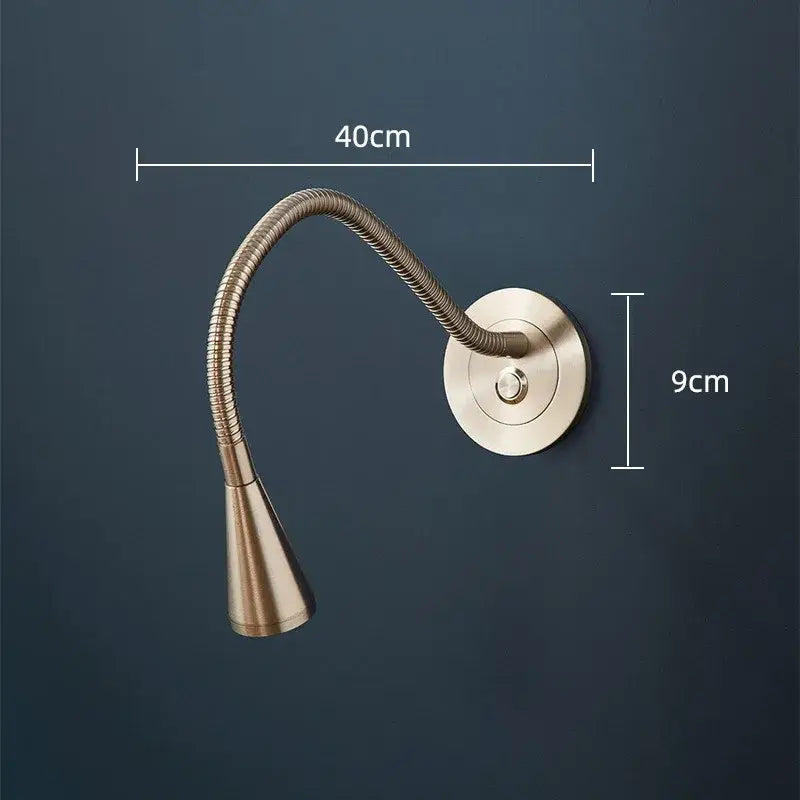 A sleek gold brass led gooseneck wall sconce with flexible aluminum led gooseneck for bedroom reading light